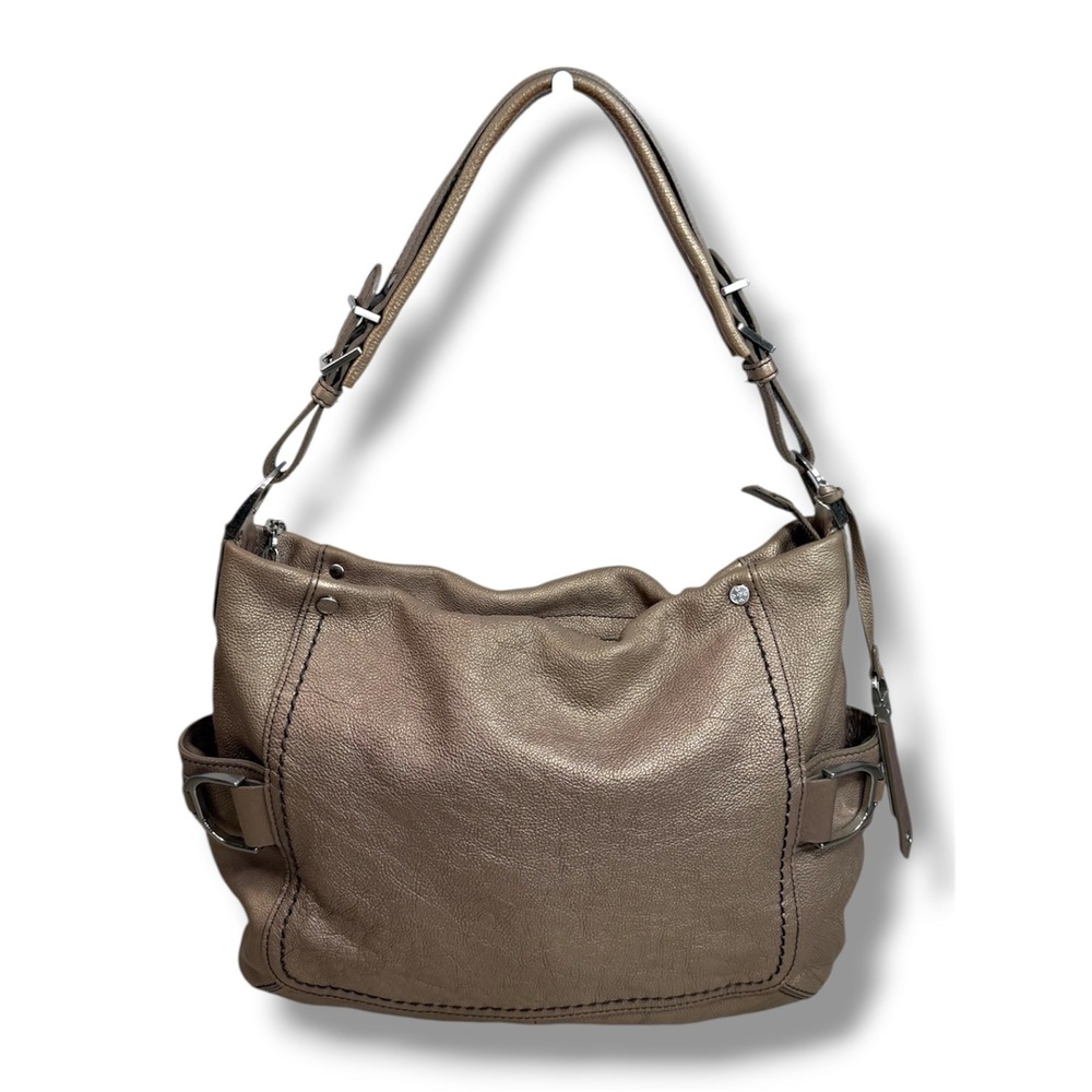 Cole Haan Metallic Bronze Pebble Leather Hobo Shoulder Bag Tassel Buckle Western
